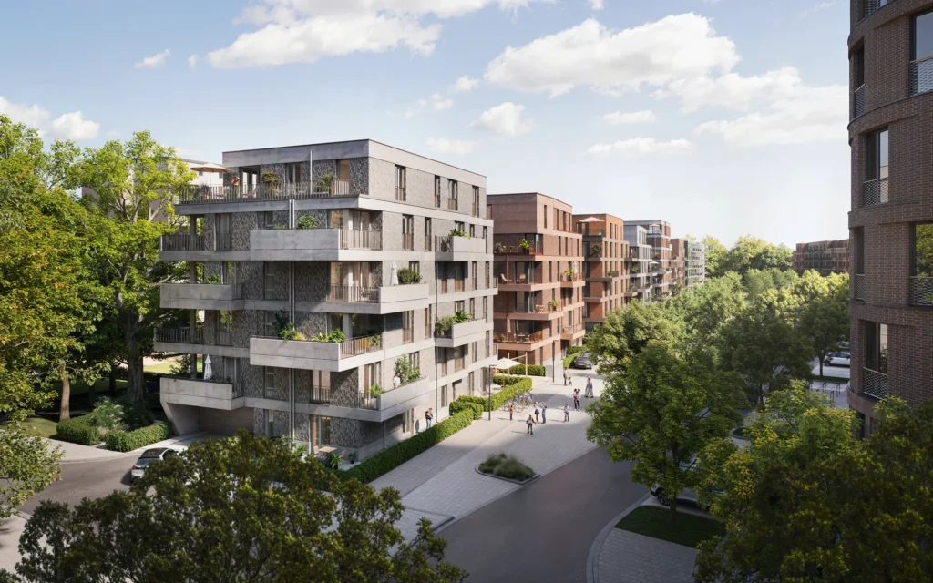 Bramquartier - Gebäudeansicht Süden mit Straße und Park