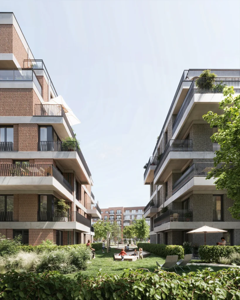 Bramquartier - Ansicht zwischen zwei Gebäuden und der angelegten Gärten