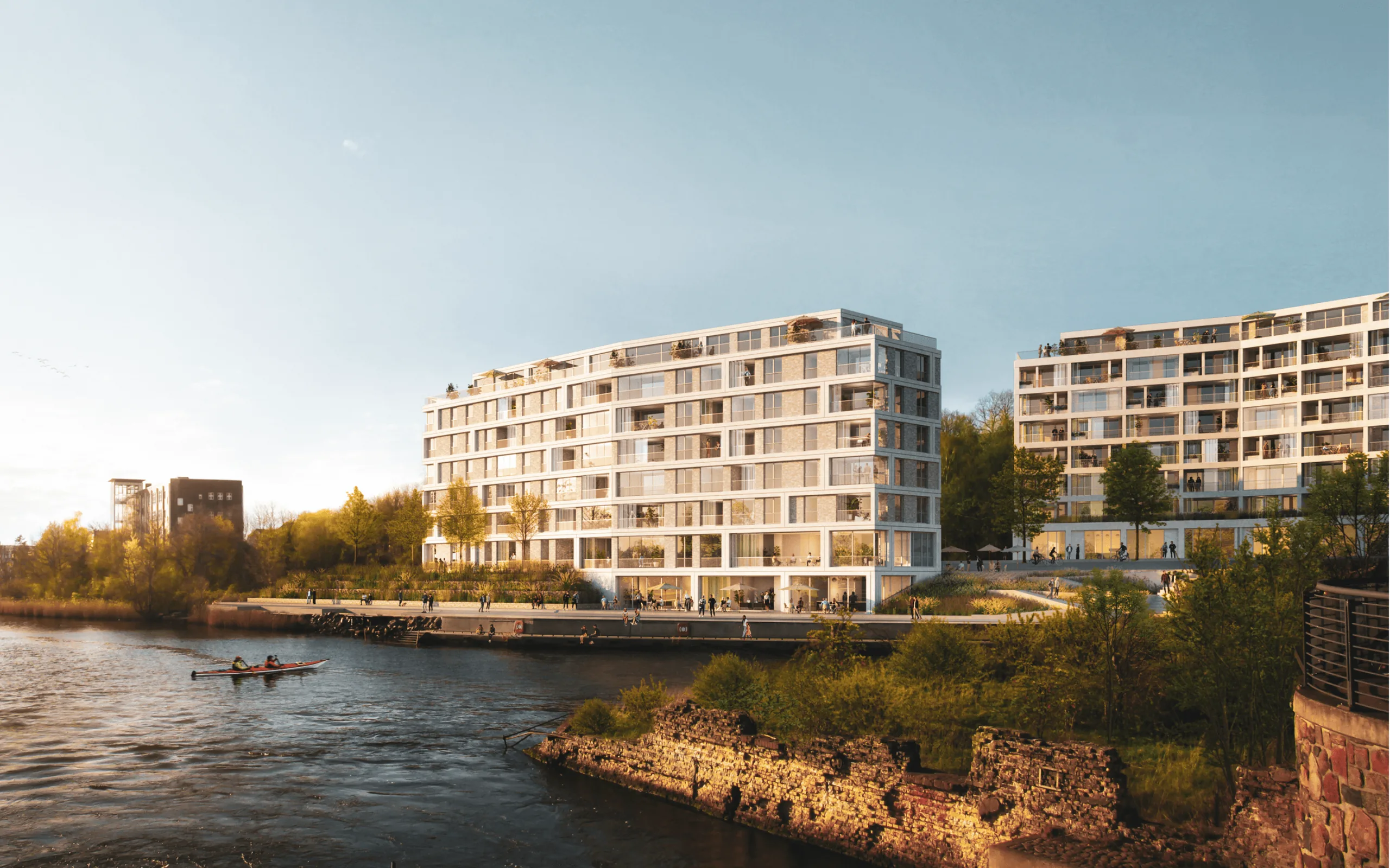 Visualisierung Wohnen an der Schwentine in Kiel: zwei Wohngebäude direkt am Wasser der Schwentine-Mündung